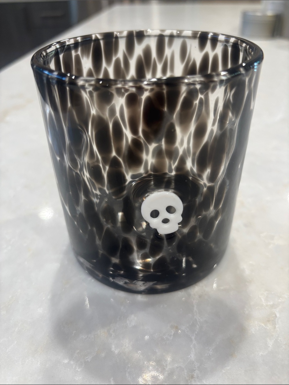 NWT Black Confetti Speckled Glass with White Skull Accents
